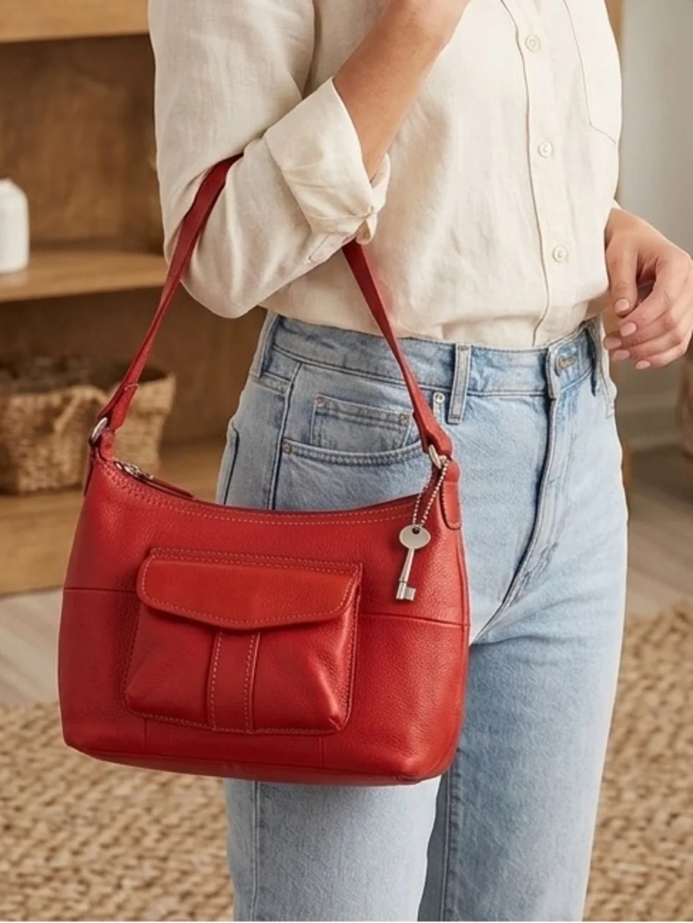 Fossil Y2K Red Leather Hobo Women’s Classic‎ Shoulder Bag